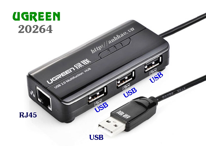 Hub chia 3 cổng USB 2.0 + 1 cổng mạng RJ45 Ugreen 20264 chính hãng